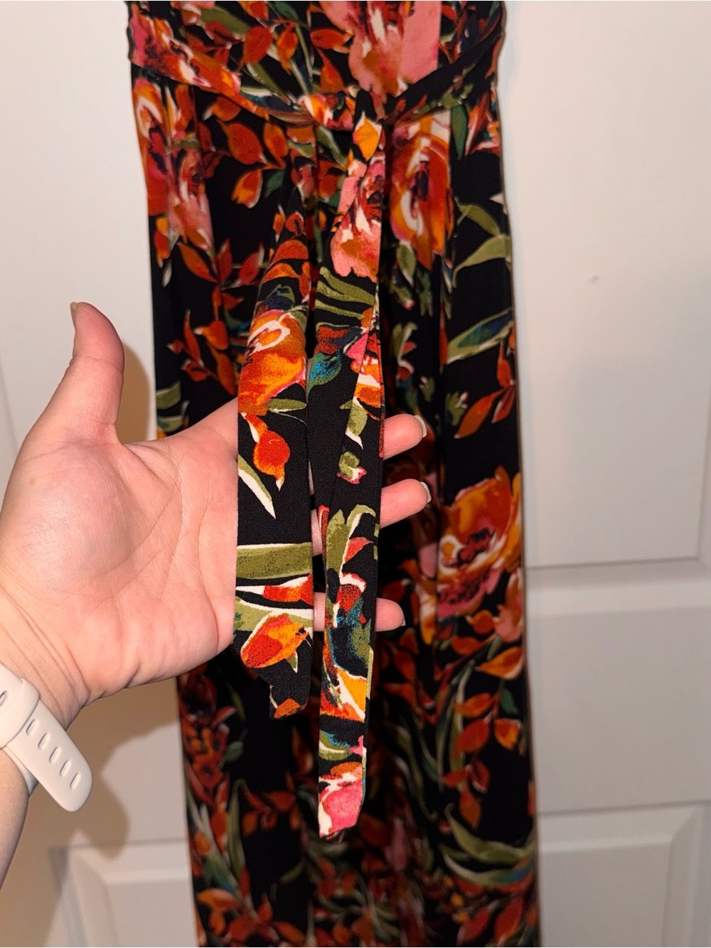 MSK Floral Black Maxi Dress Orange Pink Blooms tie back sash 100% viscose M - Picture 10 of 14